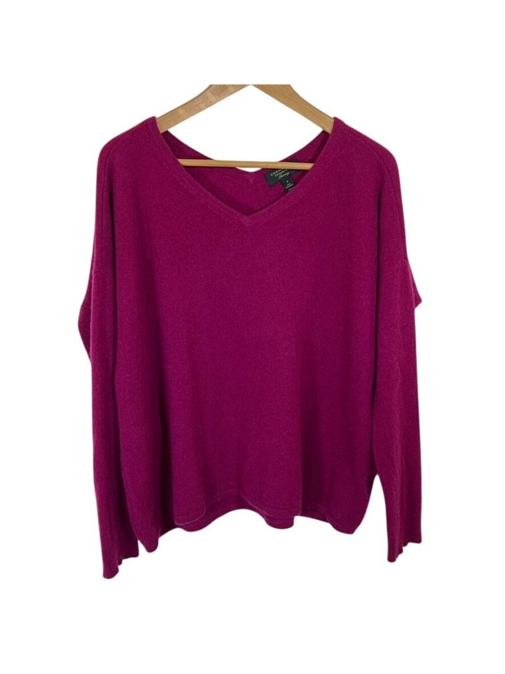 100% Cashmere Sweater Magenta Pink V Neck Oversized Relaxed Quiet Luxury S